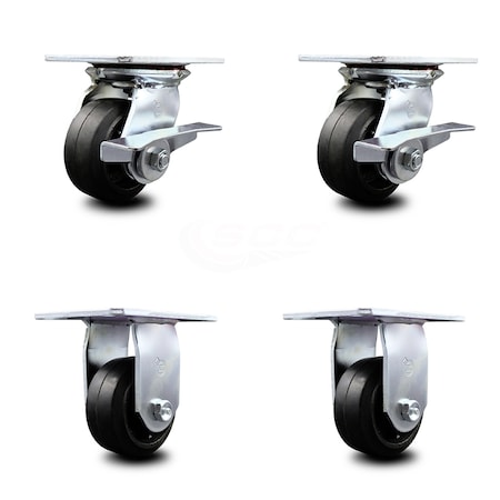 Service Caster 4 Inch Rubber on Steel Caster Set with Ball Bearing 2 Brakes and 2 Rigid SCC SCC-35S420-RSB-SLB-2-R-2